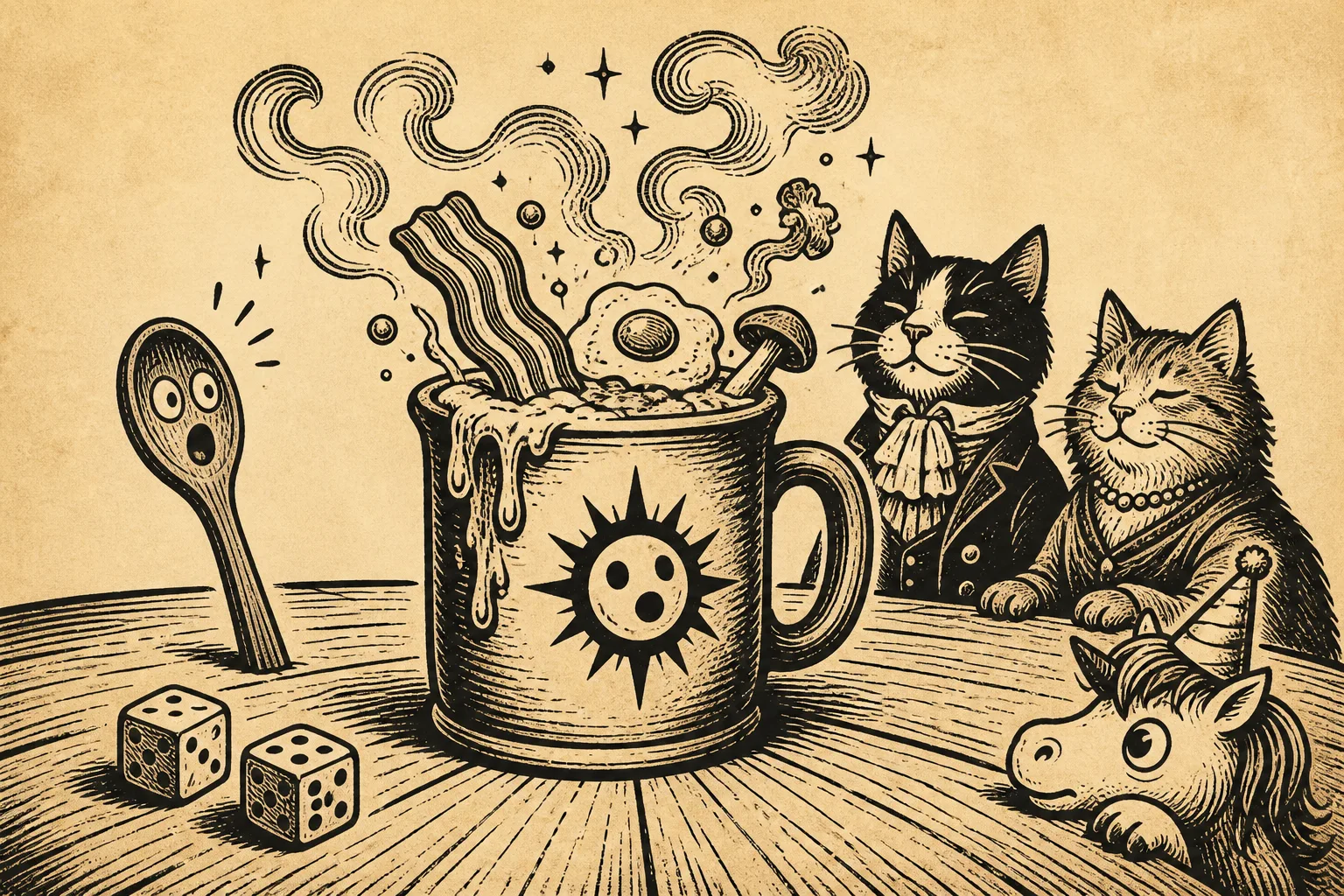 World Chat breakfast service: two dice, two cats, one pony and a spoon experiencing time at dangerous speed.