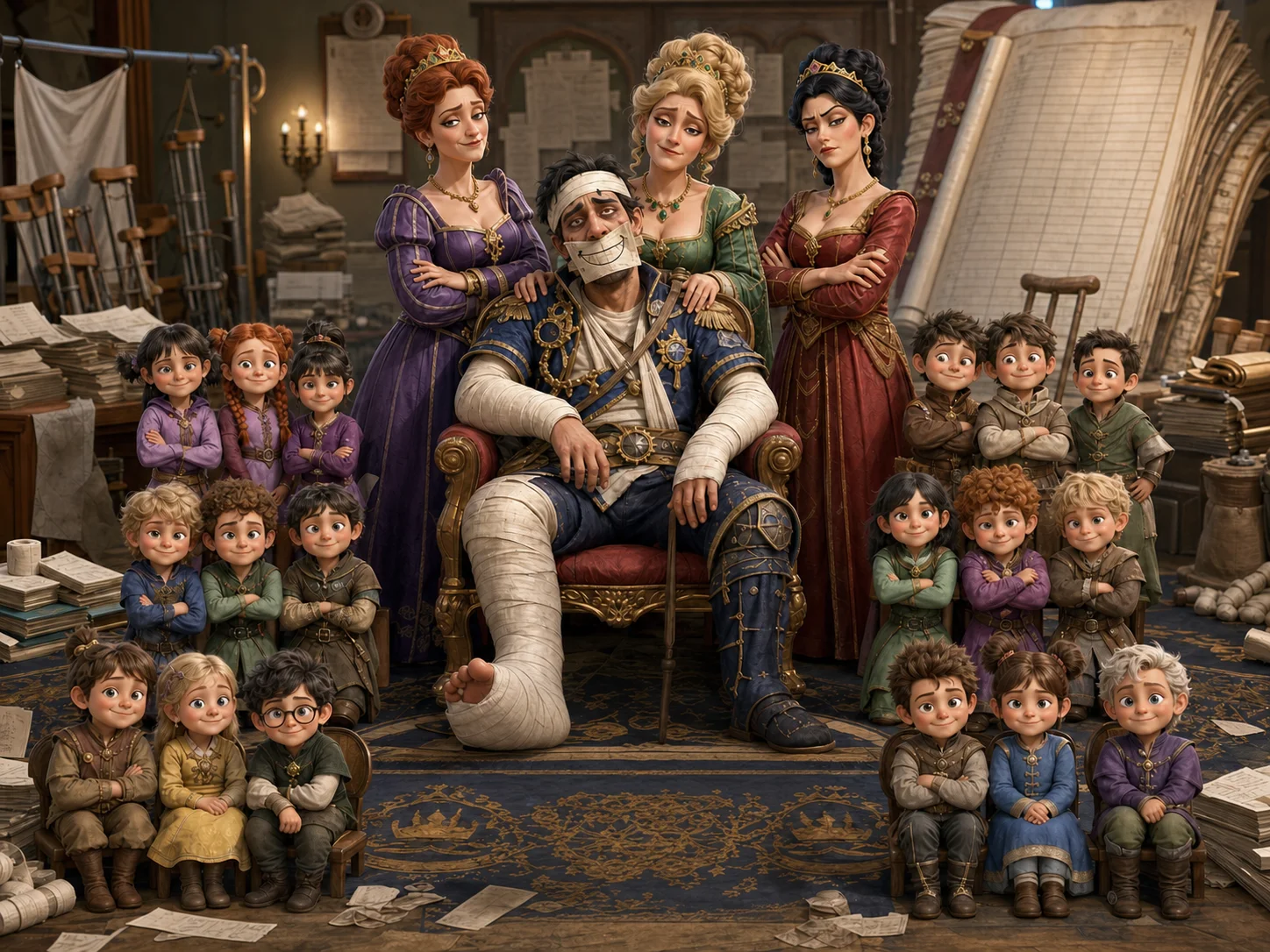 Official dependants portrait: Humberto smiles through one bandage, three wives, eighteen children and the dawning suspicion that death was the restful part.