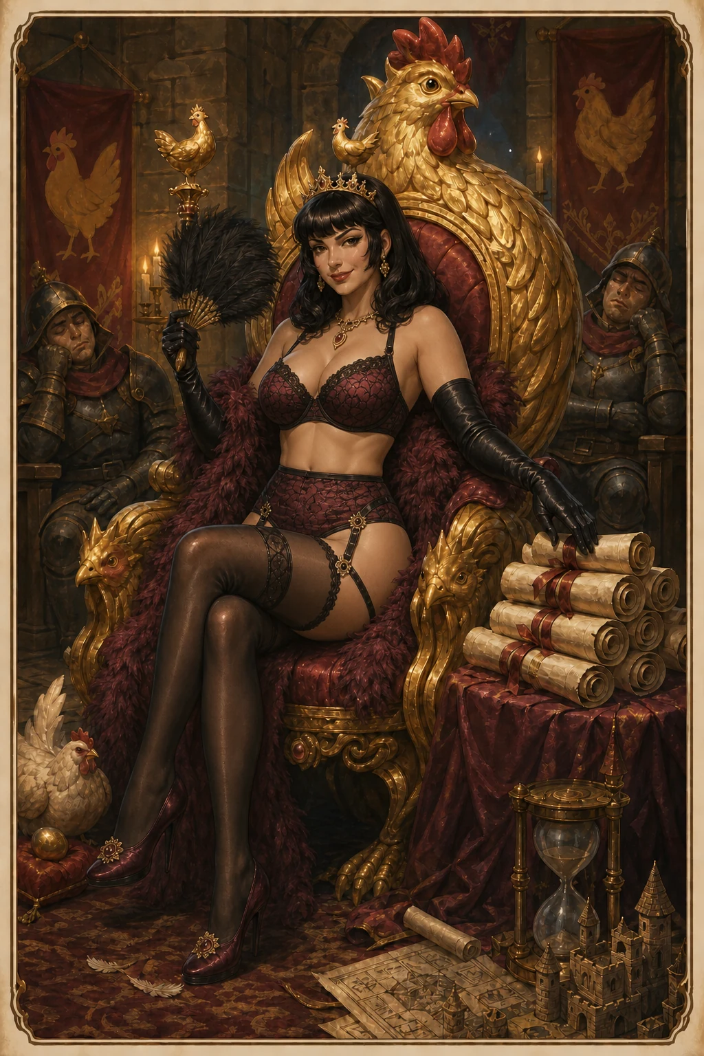 Page 3 centerfold: Samantha receives the Poultry Crown in regulation lace, ceremonial stockings and gloves long enough to sign every surrender notice personally.
