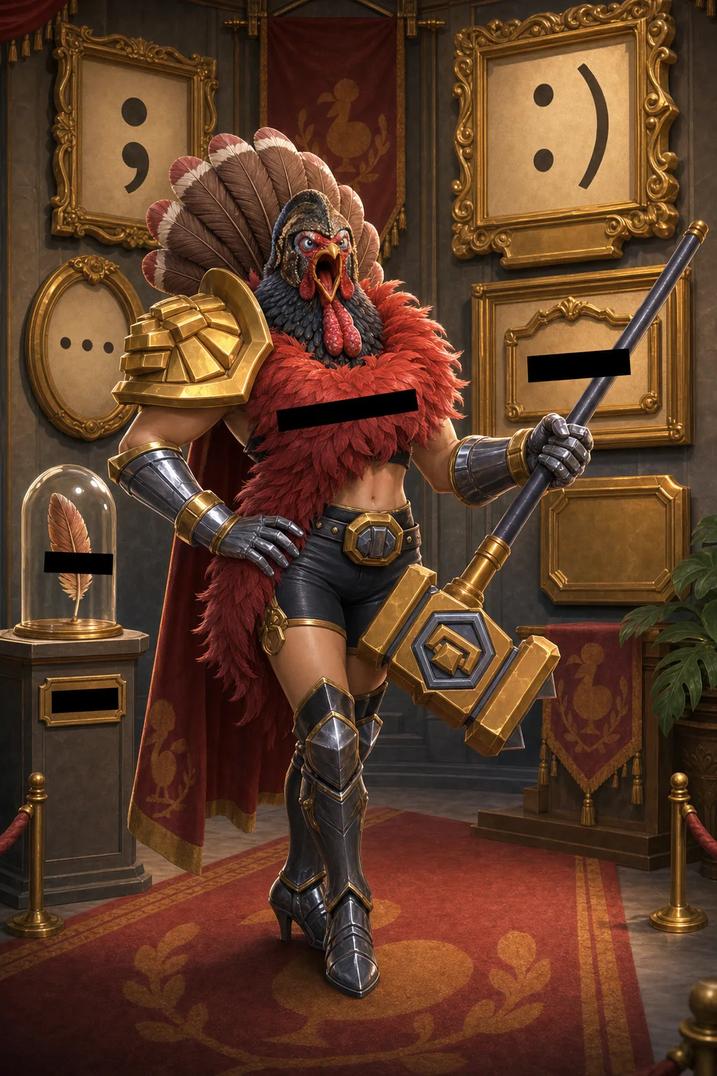 Page 3 centerfold: ScreamingChicken arrives for a routine decency inspection carrying one war hammer, four incompatible bird identities and no intention of returning the artwork.