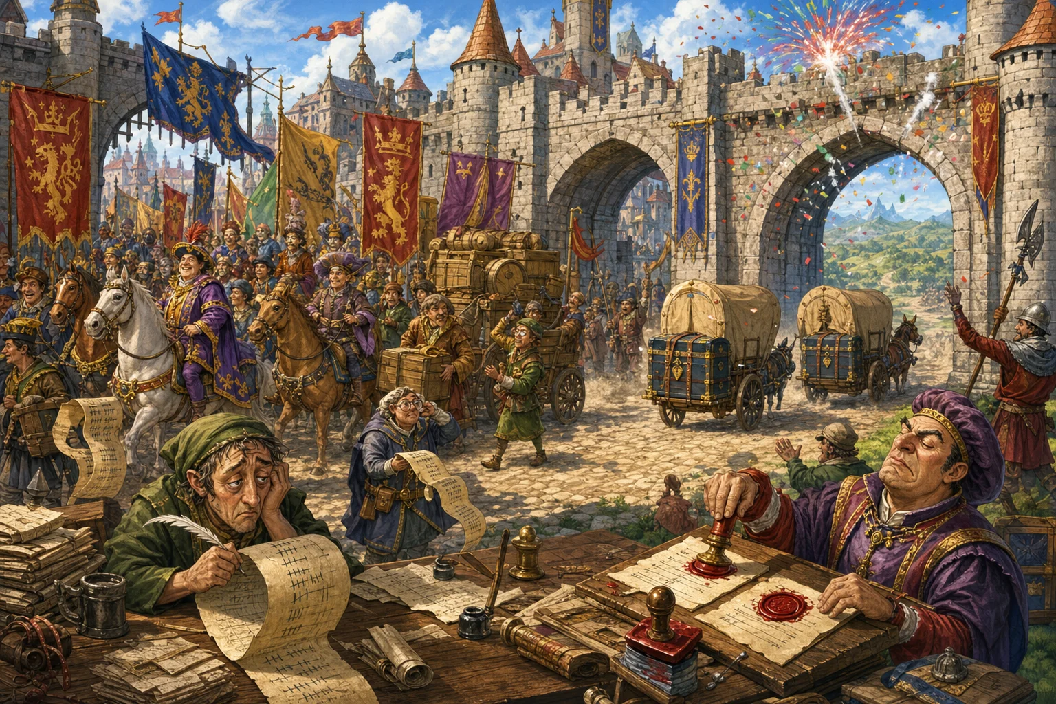 Transfer Day at the western gate: the kingdom welcomes an incoming caravan while two heavily documented pieces of Energy depart beneath fireworks of uncertain constitutional meaning.
